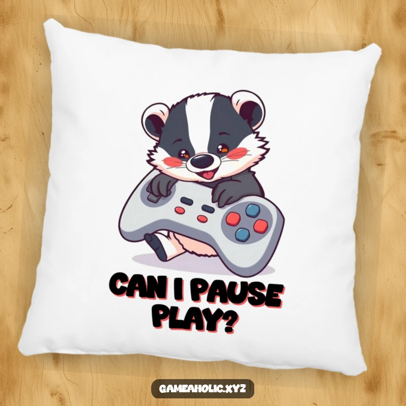 Funny Pillow with a cute badger mashing buttons on a large game controller, bringing gamer humor to comfort.