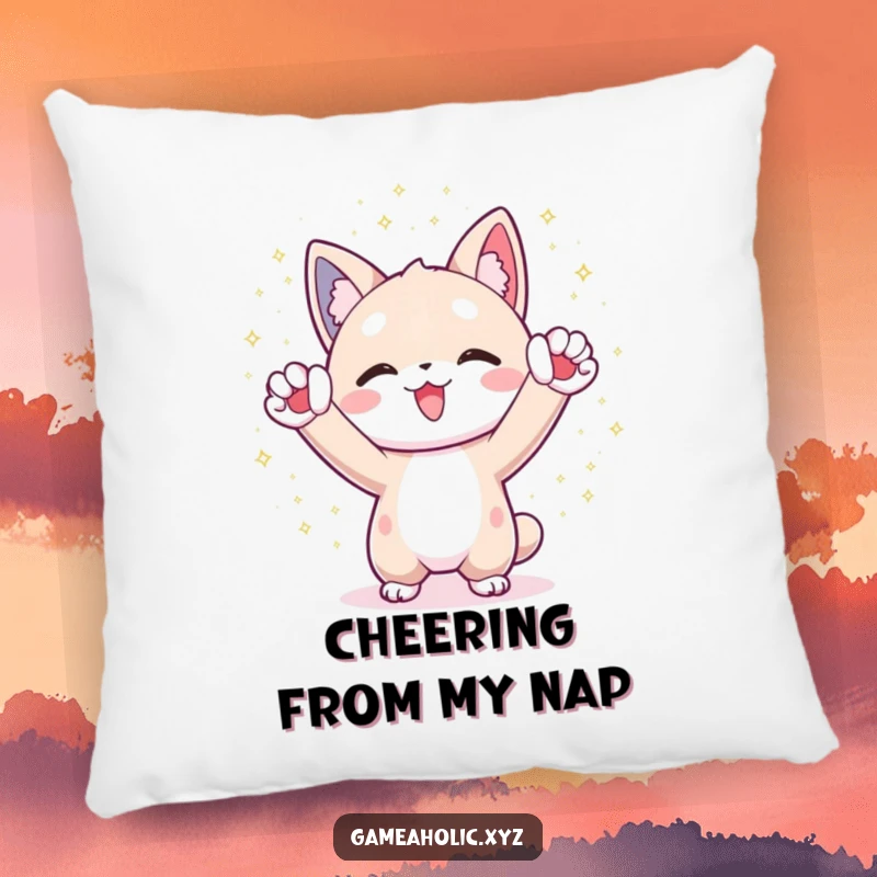 Funny Pillow: Character cheers with paws raised, surrounded by shimmering digital particles, for cozy celebration.