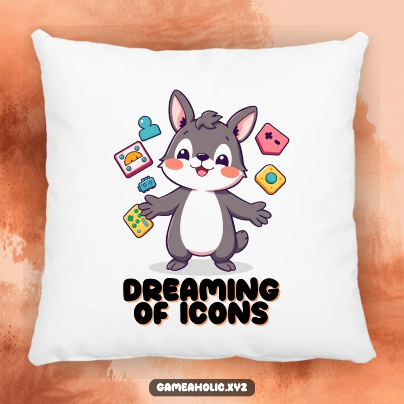 Funny Pillow featuring a playful animal character juggling colorful, abstract game icons, perfect for cozy gaming sessions.