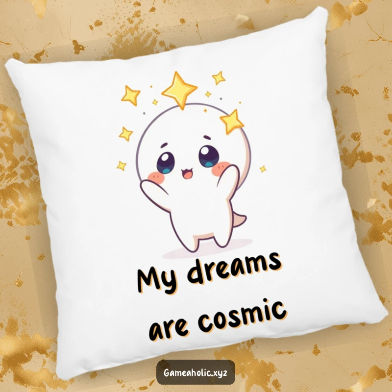 Funny pillow with a character whose eyes are filled with stars, extending a hand towards a distant floating icon, suggesting a hopeful reach.