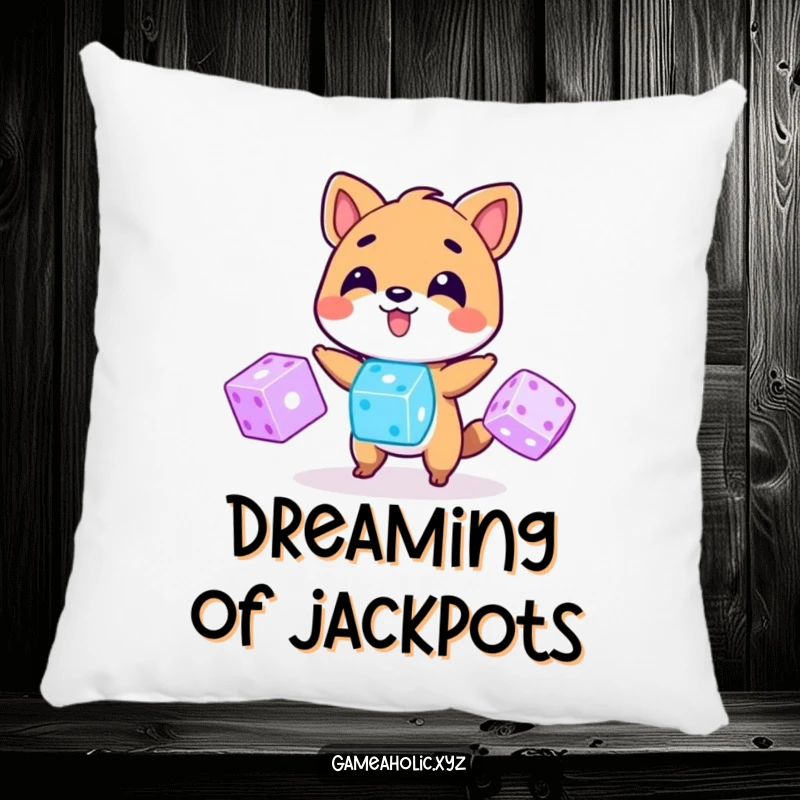 Funny Pillow: A cuddly animal is shown juggling three glowing digital dice, designed for comfort and a bit of whimsy.