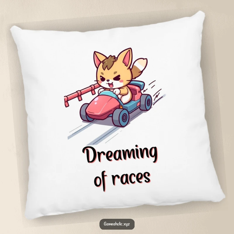 Funny determined animal character racing a tiny vehicle on a pixelated track, a cute and comfortable accent pillow for gamers.