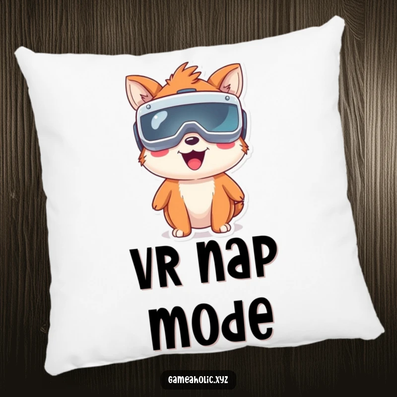Funny happy animal wearing oversized virtual reality goggles, a cute and comfortable accent pillow for virtual explorers.
