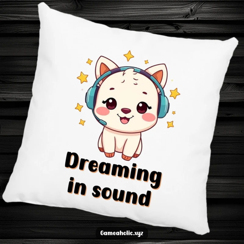 Funny pillow showing a cheerful animal character wearing a gaming headset with cosmic stars swirling around.