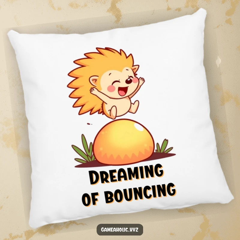 Funny Pillow featuring a hedgehog character in a joyful leap over a glowing mushroom, perfect for whimsical comfort.