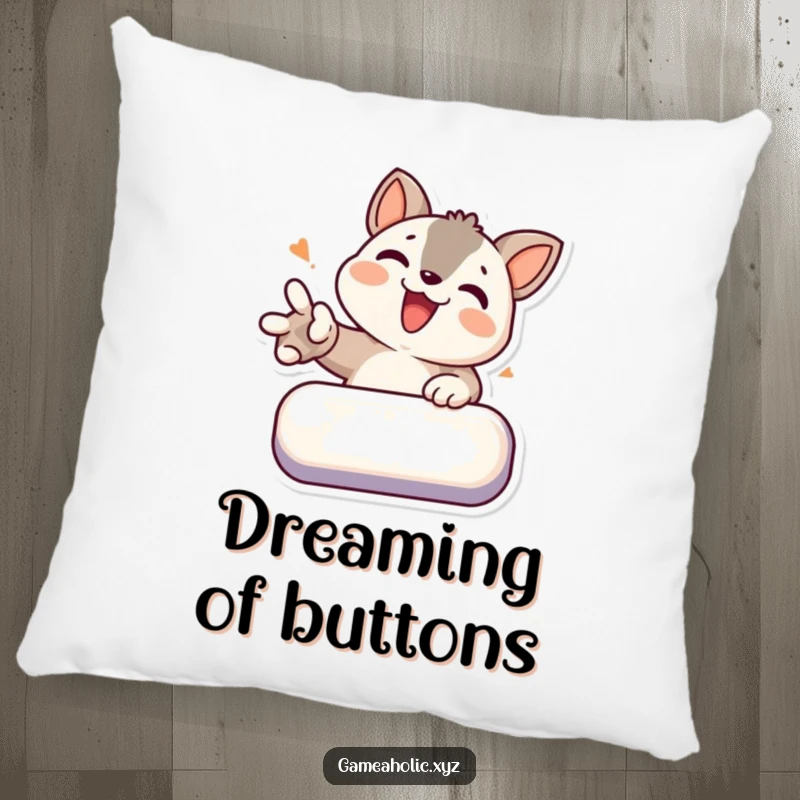 Funny pillow with a determined animal character joyfully smashing a virtual button, gaming comfort.