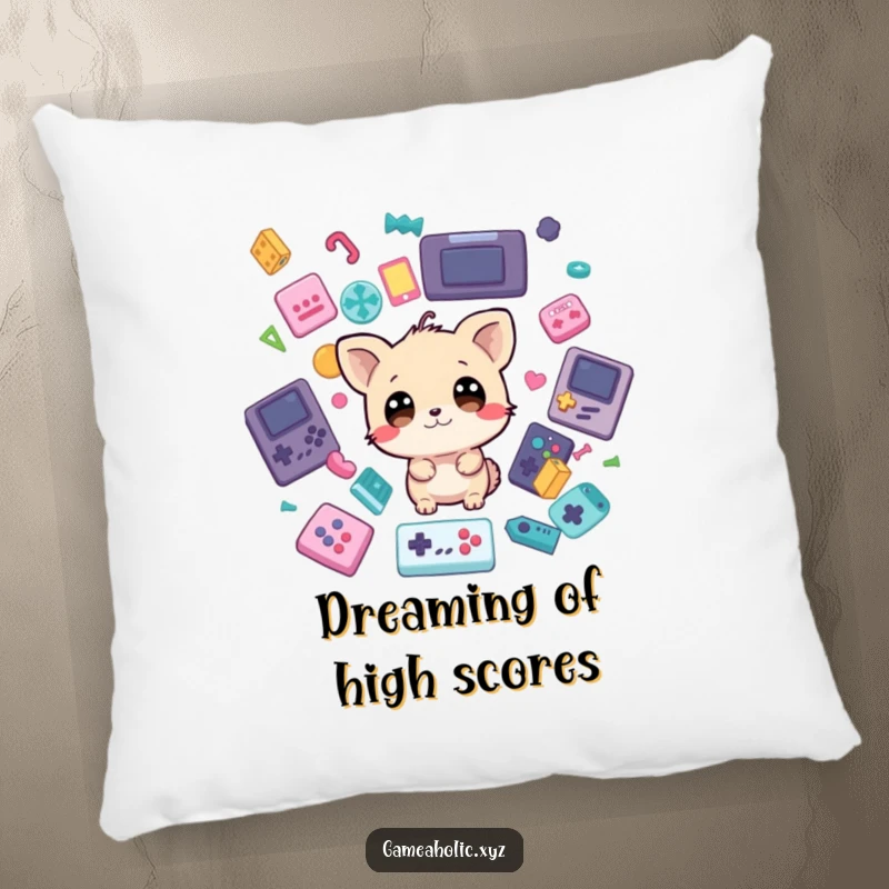 Funny Pillow: A cute animal with very wide eyes is depicted amidst a delightful downpour of gaming icons, a gamer's comfort item.