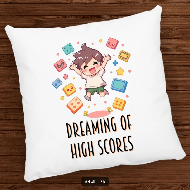 Funny Pillow with a character mid-jump, surrounded by game icons, offering plush comfort and gamer flair.