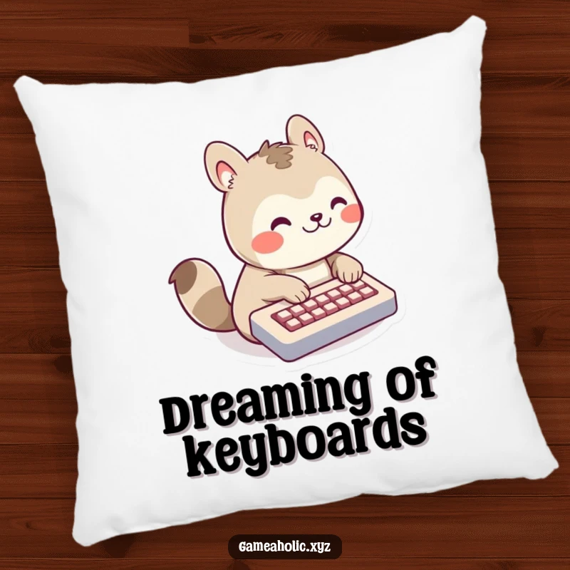 Funny Pillow showcasing a grinning animal character typing fast on a tiny keyboard, offering comfort and tech humor.