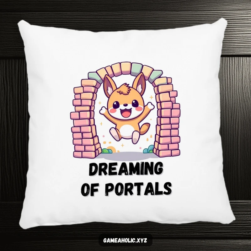 Funny Pillow featuring an excited animal character leaping through a portal made of colorful, digital pixels, for comfortable adventures.