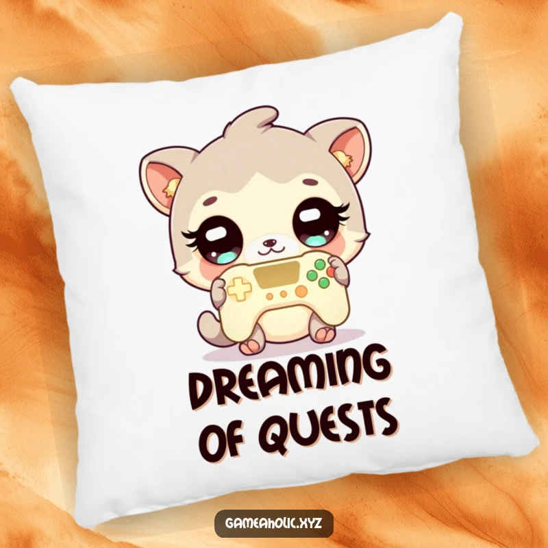 Funny gamer animal pillow depicting a cute character with wide, sparkling eyes, resting comfortably with a glowing game controller.