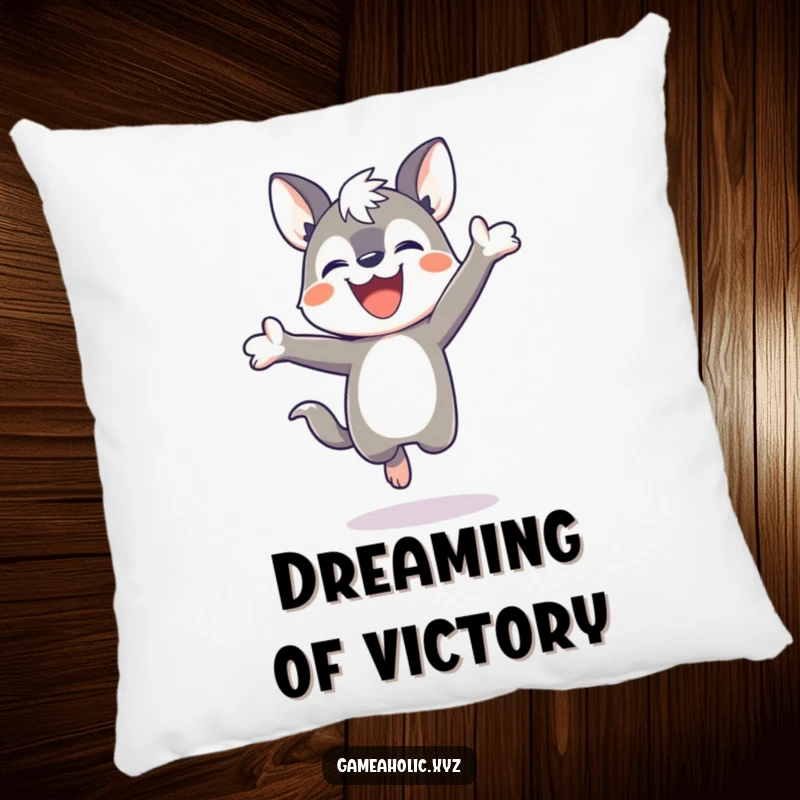 Funny pillow with a determined animal character celebrating a game win with a joyful jump, perfect for cozy victory.