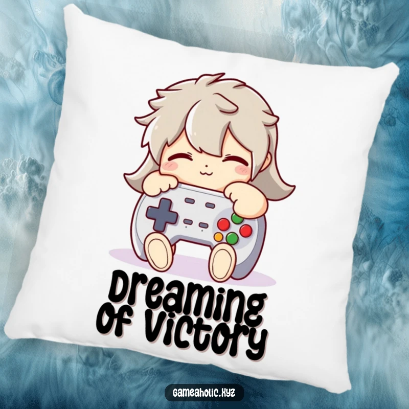Funny Pillow: A character humorously hugging a plush game controller tightly, perfect for gamers seeking cozy comfort.