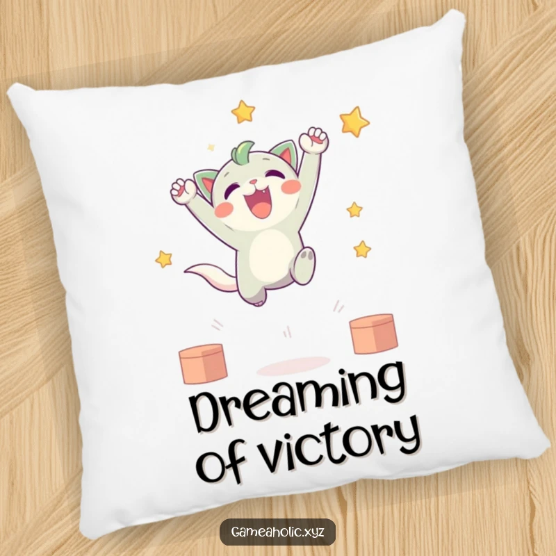 Funny pillow featuring a cute creature in a spectacular leap, celebrating a virtual victory, bringing comfort and humor to any space.