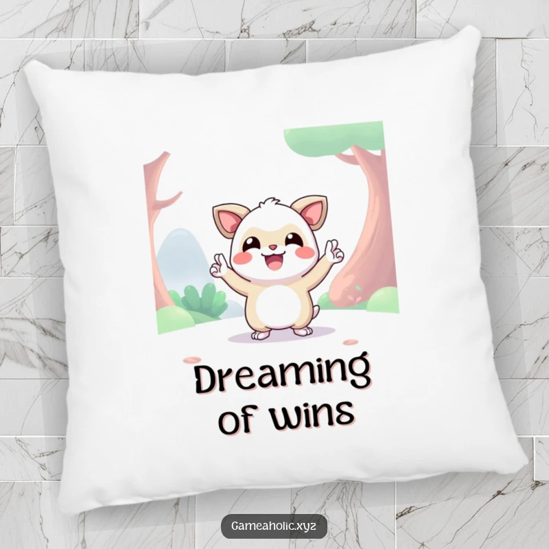 Funny happy creature in a digital world striking a victory pose, plush pillow, comfortable and humorous.