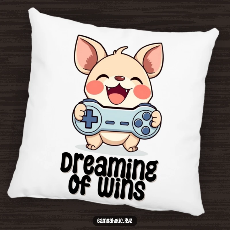 Funny gamer creature pillow with a cute character with large ears gleefully clutching a game controller, a wonderfully funny gift.