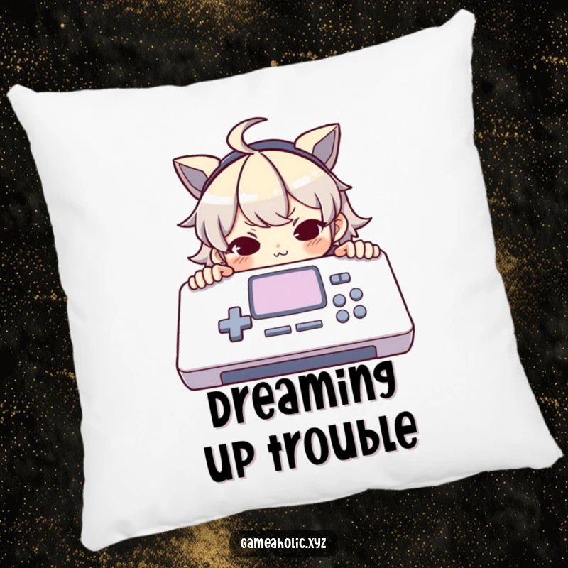 Funny pillow with a character peeking over a large console with a mischievous smirk, perfect for comfort and gamer humor.