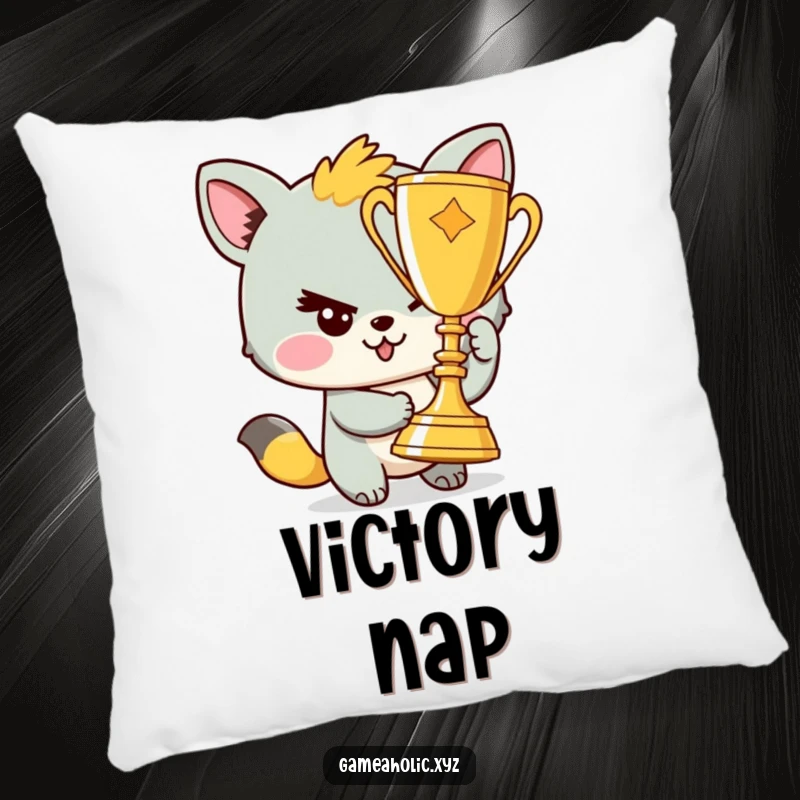 Funny pillow featuring a sly, winking animal character holding a trophy, offering comfort and a cheeky celebration vibe.