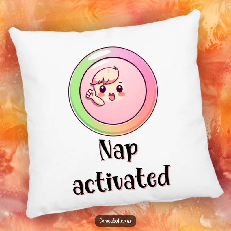 Funny Pillow featuring a small character enthusiastically pressing a large, colorful button, bringing comfort and fun.