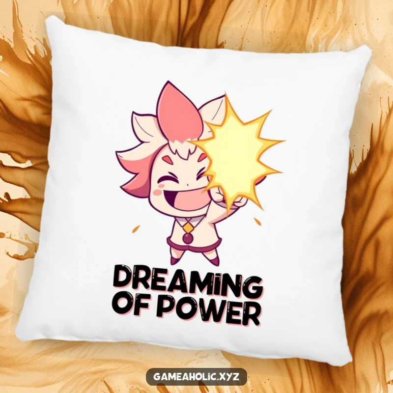 Funny Pillow: Character grins widely, aiming a humorous energy blast, offering comfort and comedic appeal.