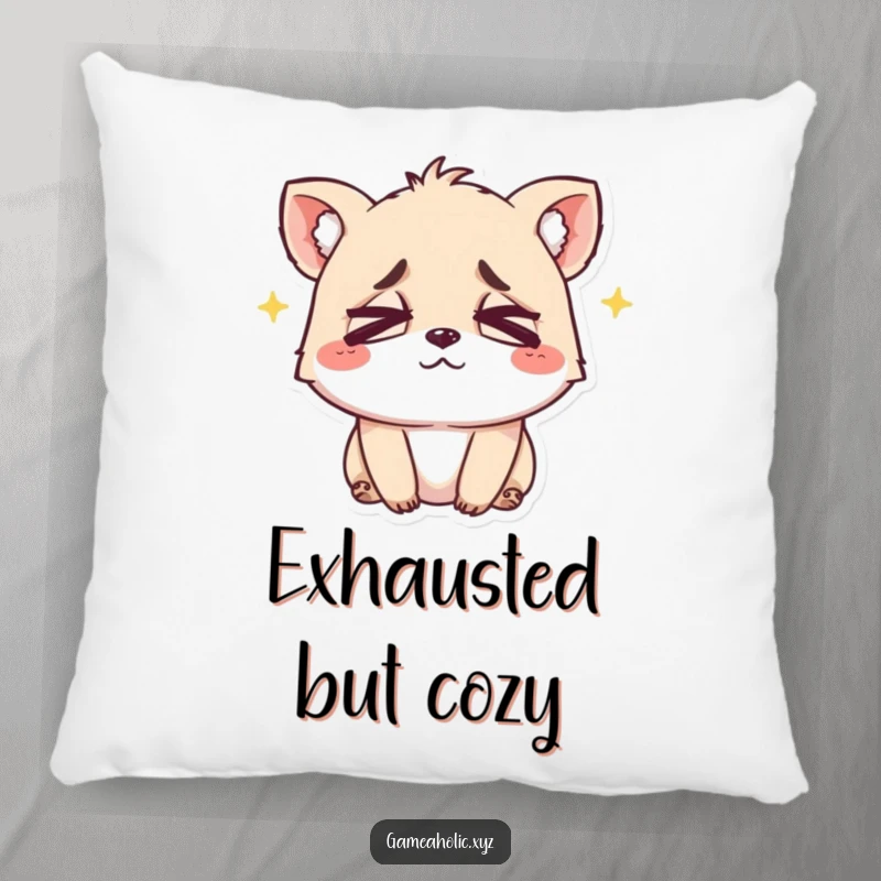 Funny pillow featuring a small animal character with comical crossed eyes and a happy, tired smile, ideal for cozying up.