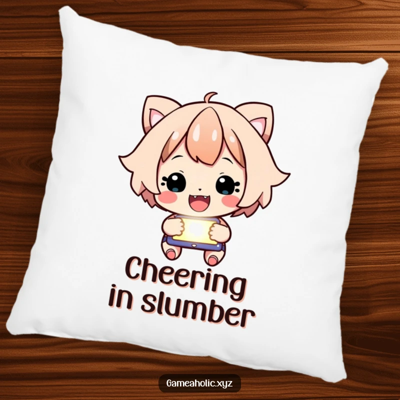 Funny Pillow with a happy character intensely focused on a glowing screen, cheering with excitement.