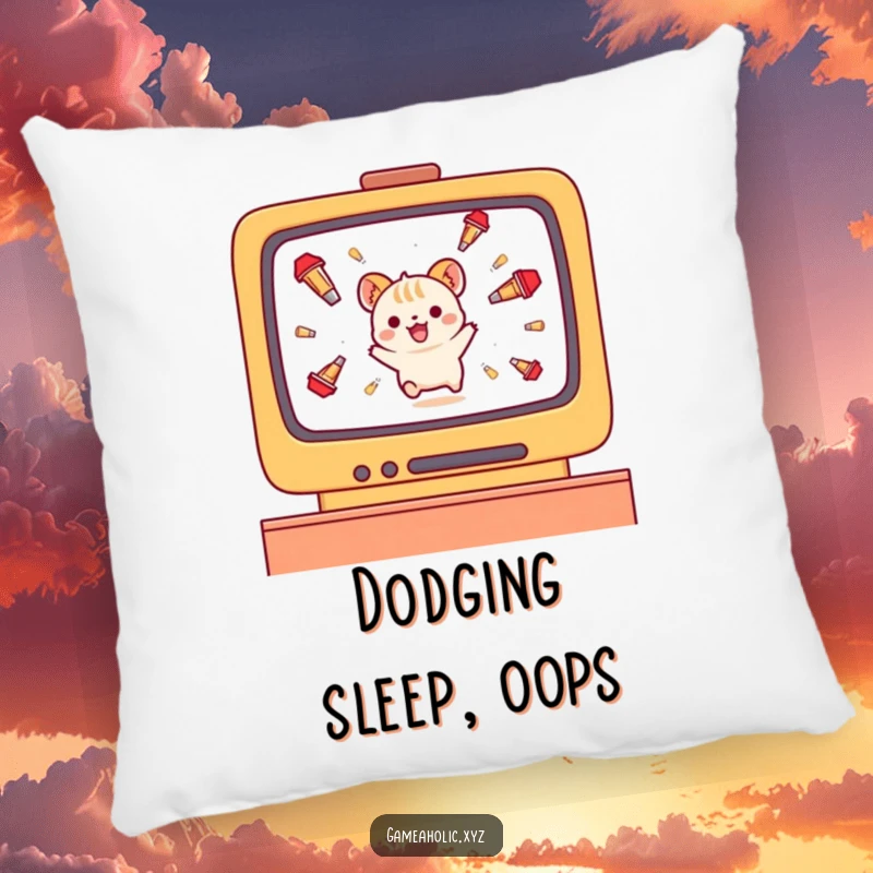 Funny small animal character pillow, gleefully dodging falling in-game projectiles, soft and humorous decor.