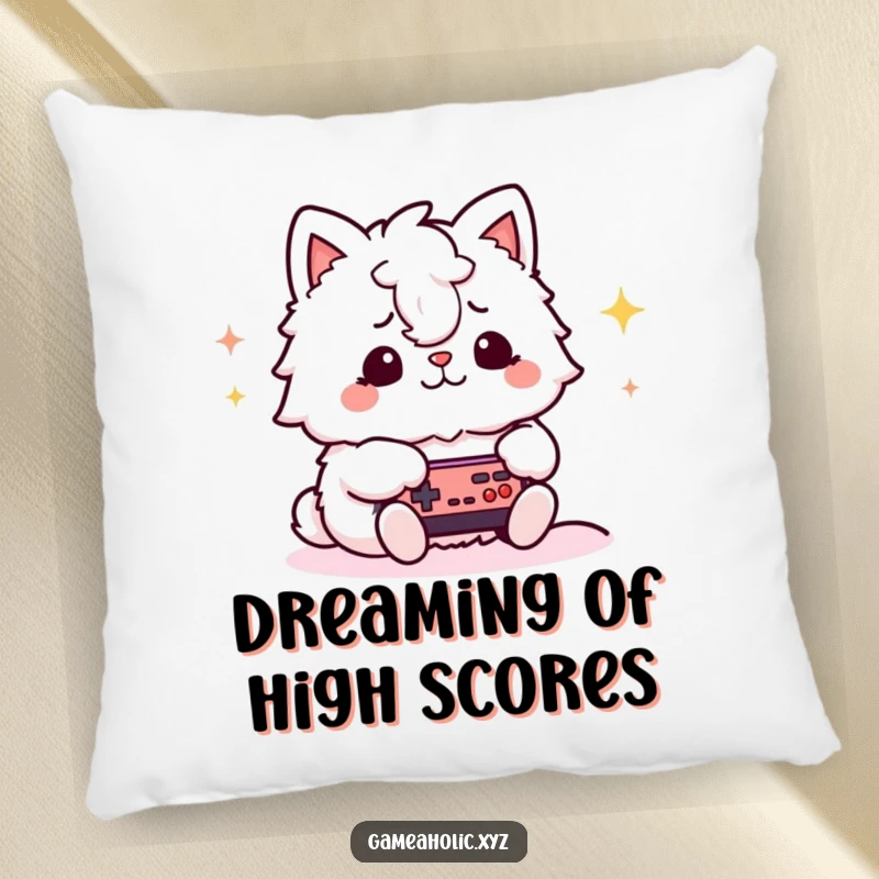 Funny gamer cat pillow displaying a fluffy animal character with a focused expression, actively playing a video game, ideal for gamers.
