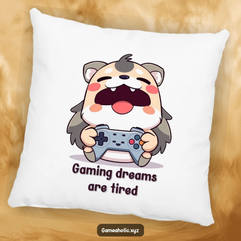 Funny yawning animal character with a controller on a soft pillow, ideal for tired gamers.