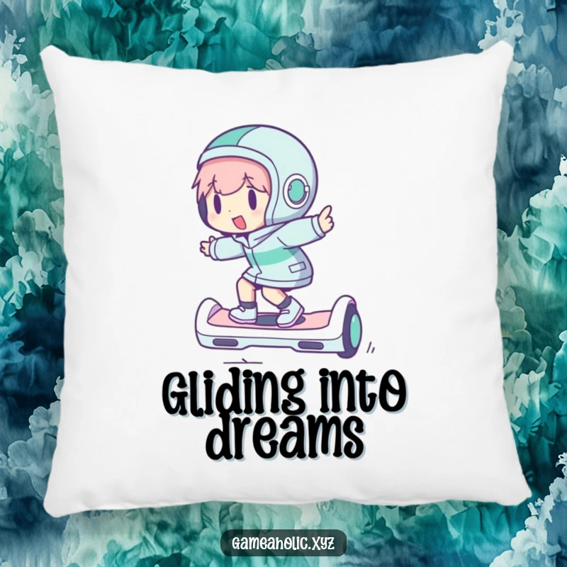 Funny pillow featuring a character happily gliding on a hoverboard, perfect for adding a touch of fun and comfort.