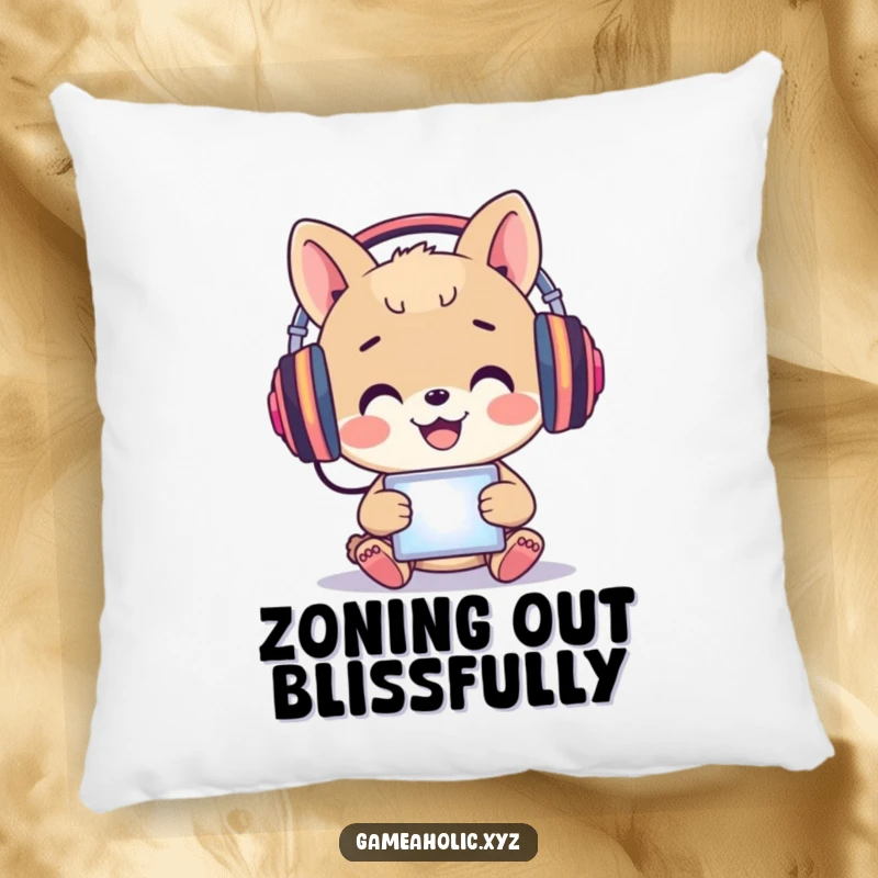 Funny Pillow: A happy animal wears headphones, immersed in a glowing screen with joy.