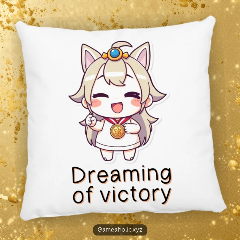 Funny pillow featuring a cheerful character winking and holding a medal, offering comfort and a smile for any space.