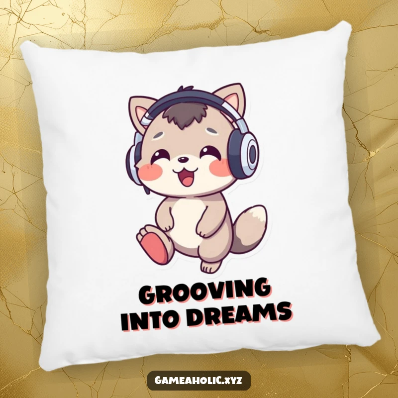 Funny music animal pillow with a cheerful character wearing oversized headphones tapping its foot, perfect for cozy music enjoyment.