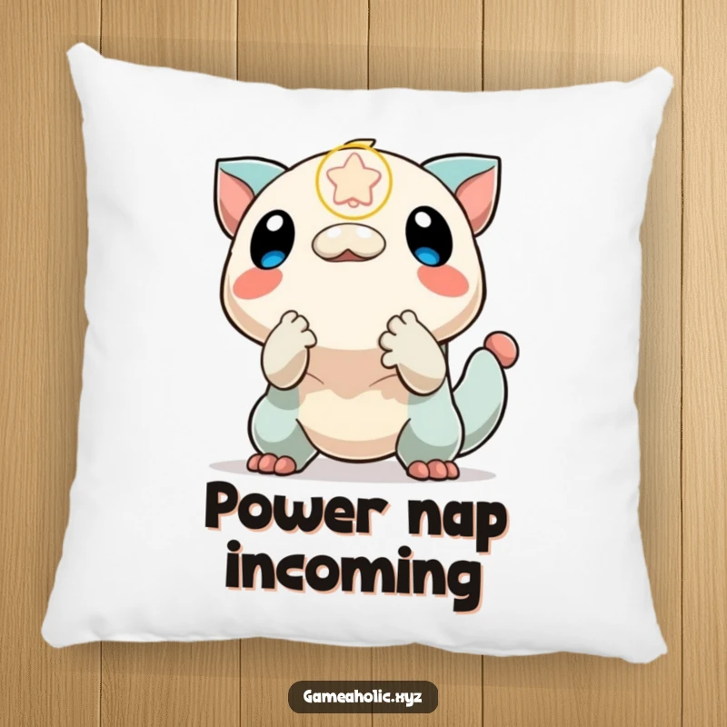 Funny pillow depicting a creature excitedly reaching for a power-up icon, offering comfort and a humorous gaming theme.