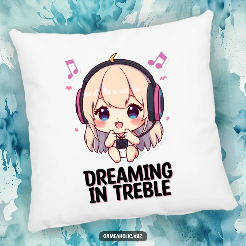 Funny pillow with a character wearing headphones, bopping head to in-game music, providing comfort and a touch of gamer humor.