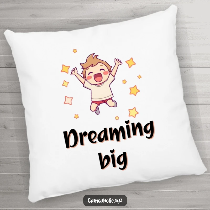 Funny Pillow: Character leaping joyfully, surrounded by pixelated stars, adding humor and comfort to relaxation.
