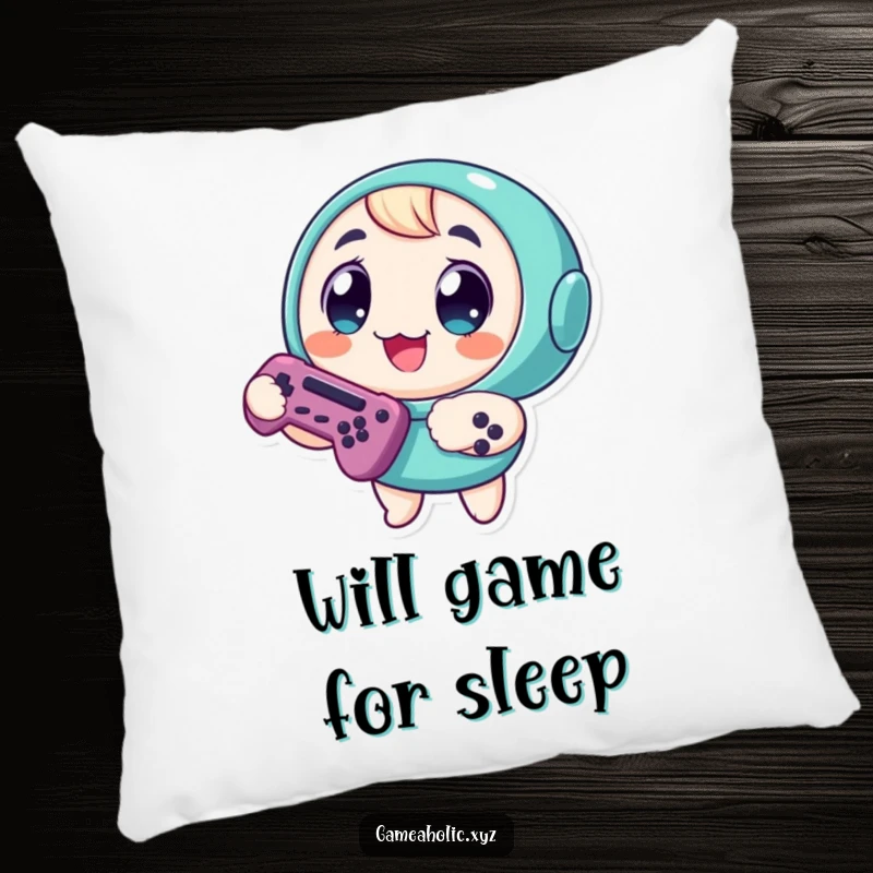 Funny Pillow: Round character with wide, delighted eyes, holding a game controller, adding humor to comfort.