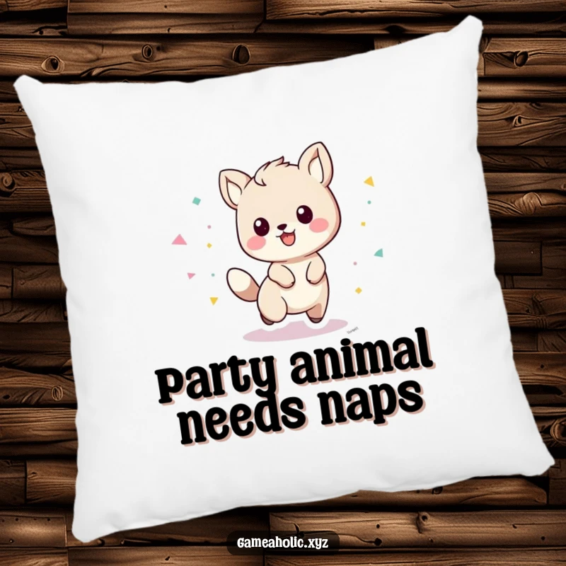 Funny playful animal character with a trail of confetti on a soft pillow, ideal for cozy fun.