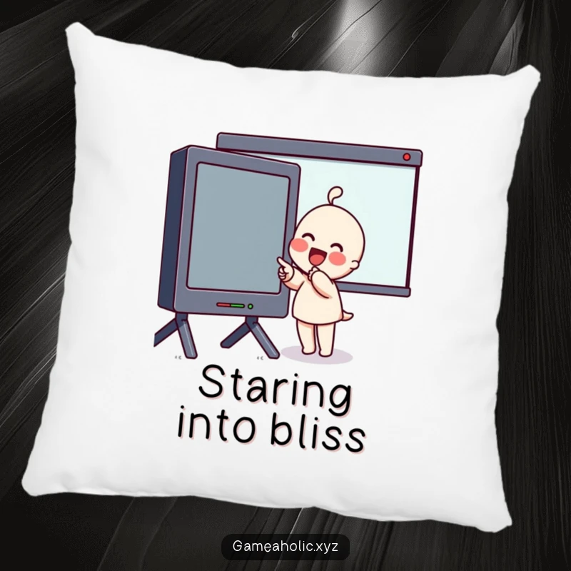 Funny Pillow showcasing an excited character with rosy cheeks pointing at a large screen, offering comfort and visual delight.