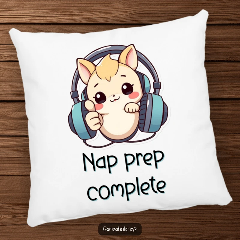 Funny pillow featuring a creature peeking over a large headset, giving a thumbs up, perfect for adding tech-themed comfort.