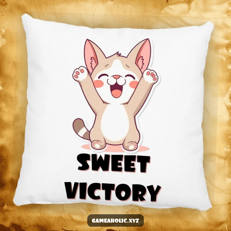 Funny Pillow: A character humorously celebrating a win with paws in the air, perfect for cozy and triumphant decor.