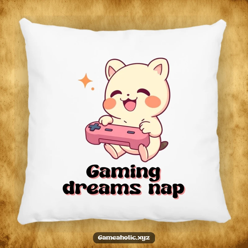 Funny Pillow with a small creature joyfully mashing game controller buttons, perfect for cozy gaming corners.