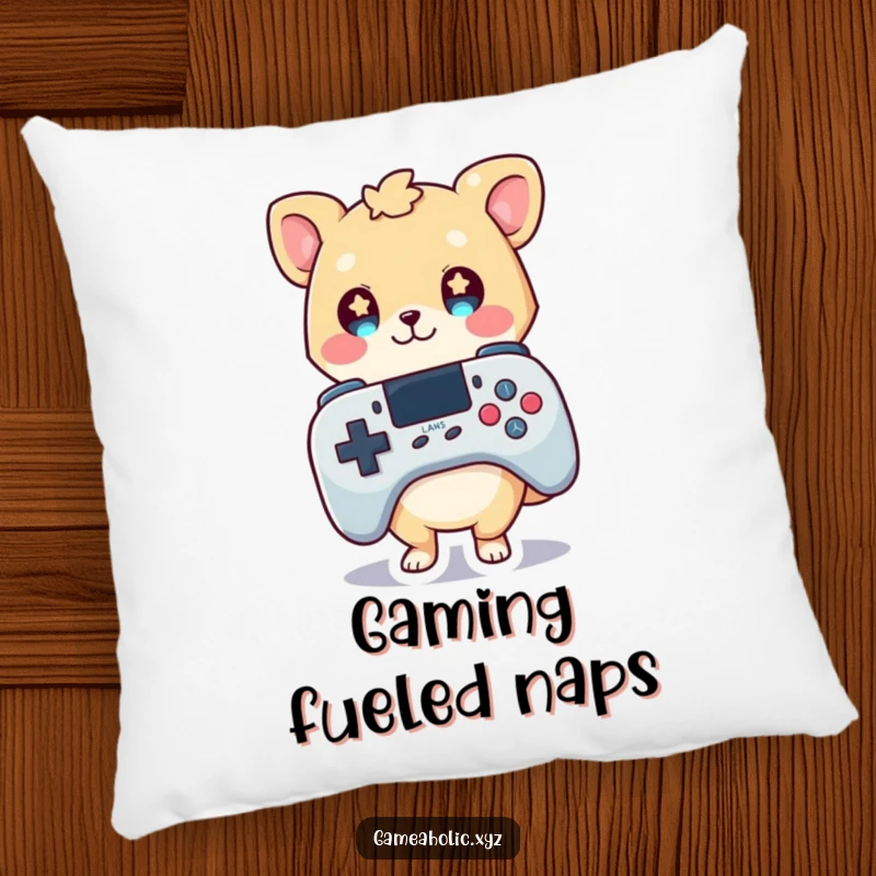 Funny pillow design of a cute animal character holding a huge game controller, eyes twinkling with gamer dreams and delight.
