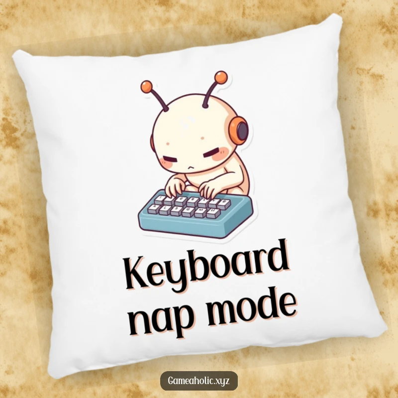 Funny alien tech pillow with a small creature with antennae tapping furiously on a tiny keyboard, perfect for techy relaxation.