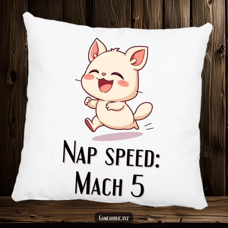 Funny pillow featuring a small creature laughing heartily while playing at a very high speed, soft and plump for ultimate comfort.