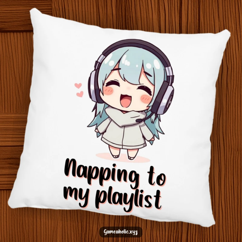 Funny Pillow showcasing a delighted character in headphones wiggling happily, offering comfort and musical joy.
