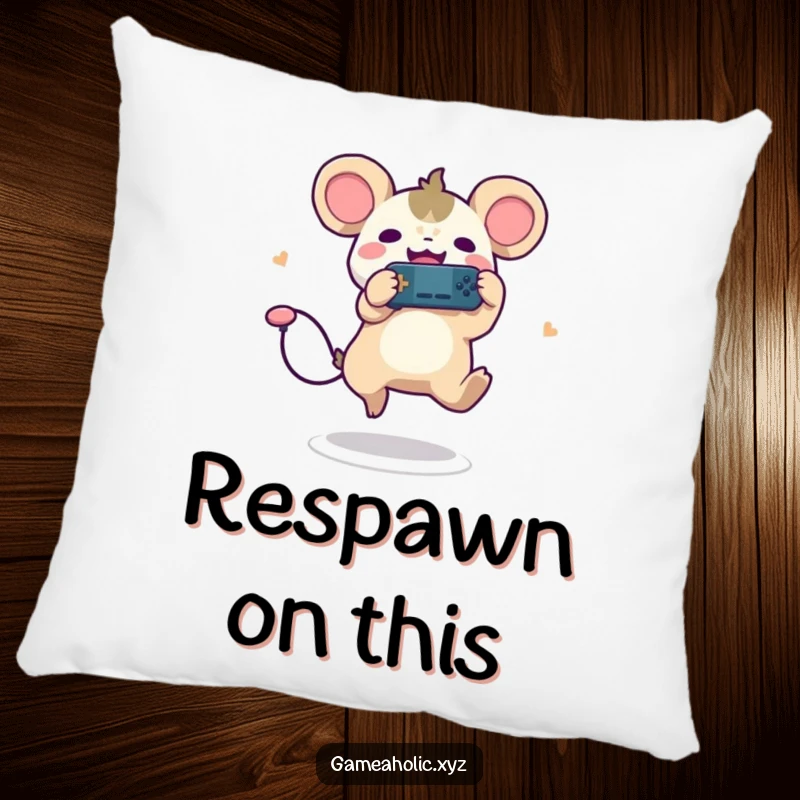 Funny decorative pillow featuring a cute creature with round ears, leaping joyfully with a game controller, soft and fun.