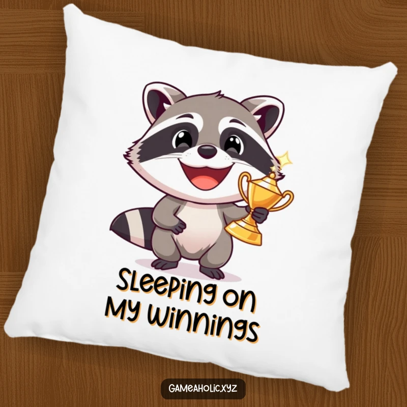 Funny raccoon with a wide grin holding a sparkling trophy, plush pillow, comfortable and humorous accent.