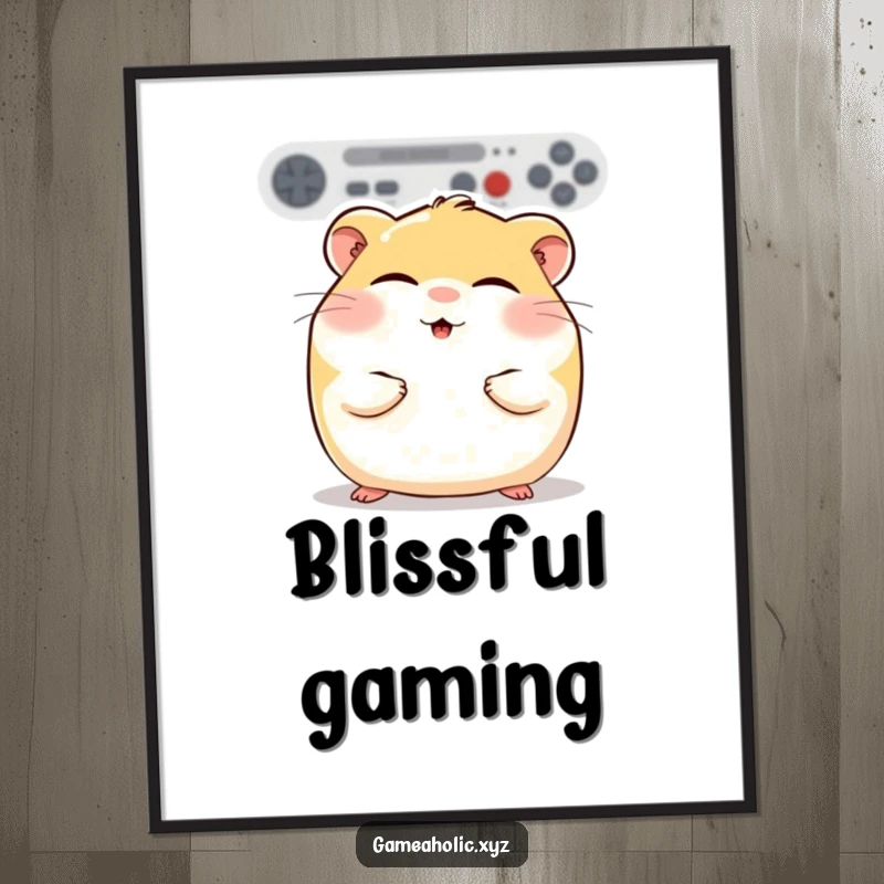 High-resolution digital art of a funny round hamster with rosy cheeks, eyes closed in gaming bliss, ideal for cozy decor.