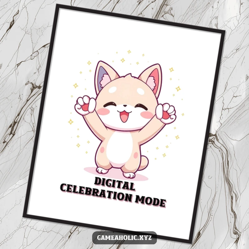 Funny Digital Art Print: Character cheers with paws raised, surrounded by shimmering digital particles, radiating joy.